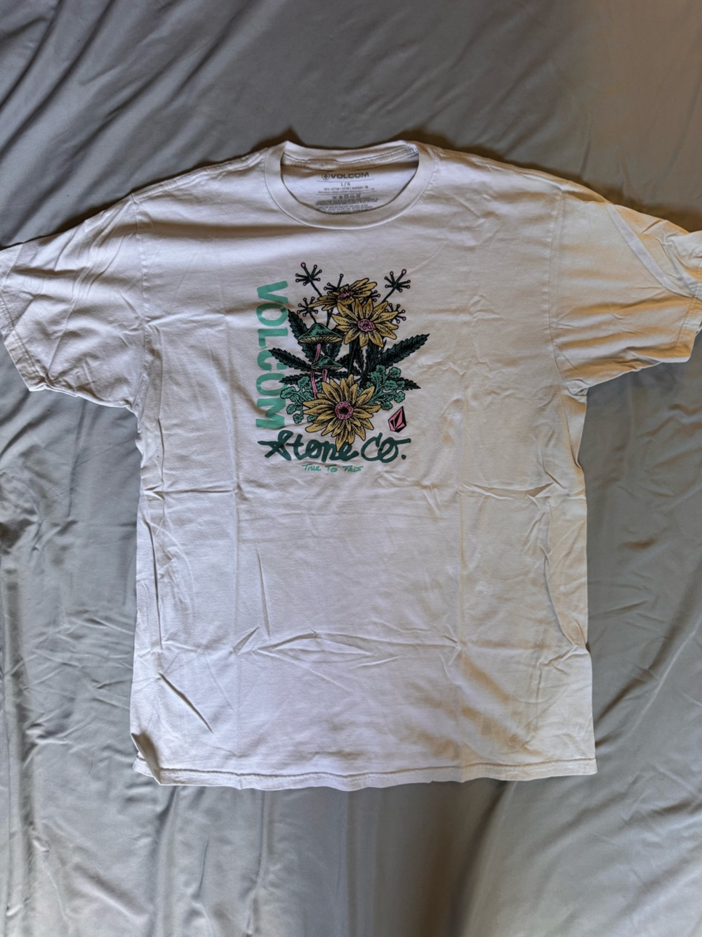 Volcom White Tee with Green and Yellow Floral Graphic